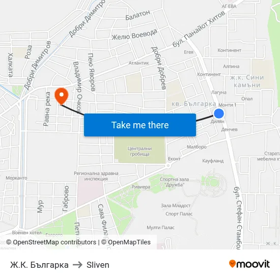 Ж.К. Българка to Sliven map