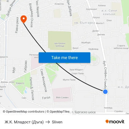 Ж.К. Младост (Дъга) to Sliven map