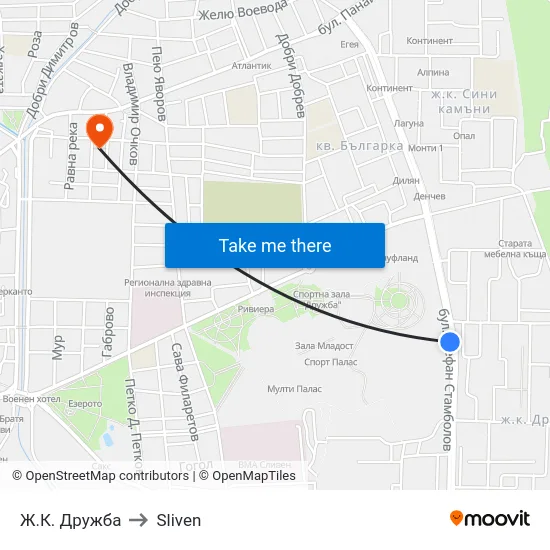 Ж.К. Дружба to Sliven map