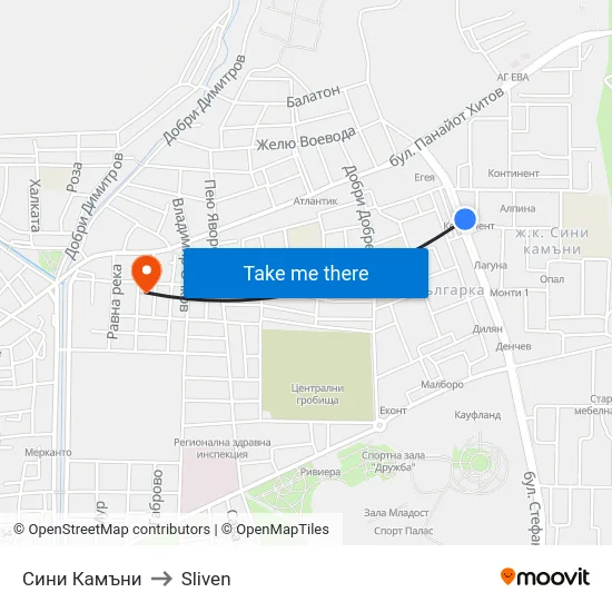 Сини Камъни to Sliven map