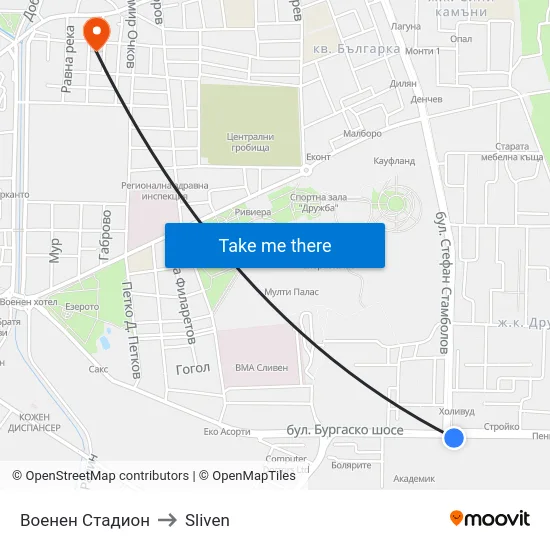Военен Стадион to Sliven map