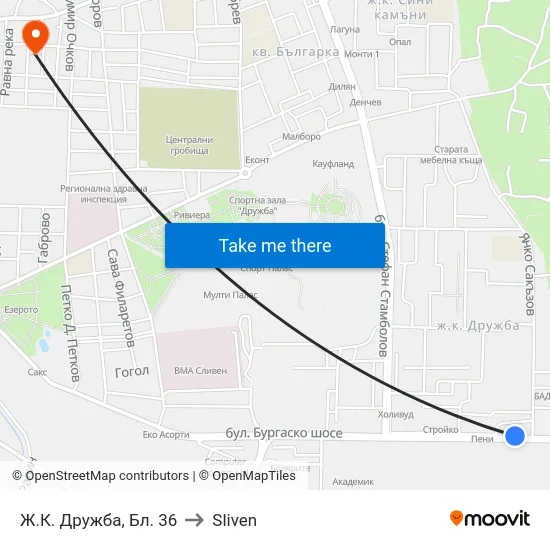 Ж.К. Дружба, Бл. 36 to Sliven map
