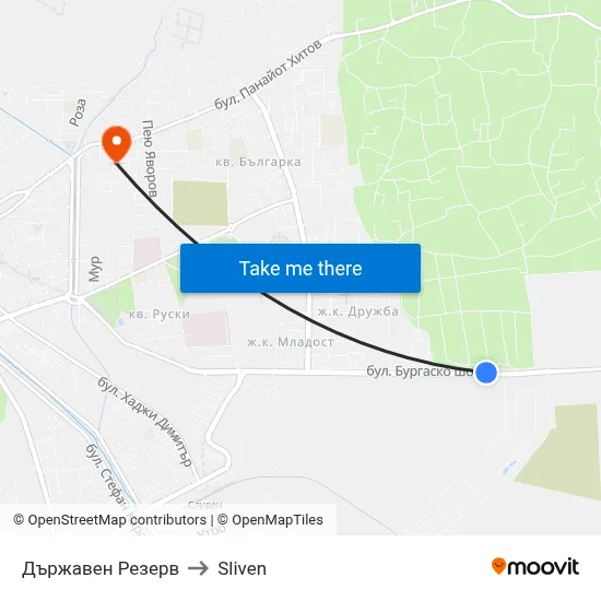 Държавен Резерв to Sliven map