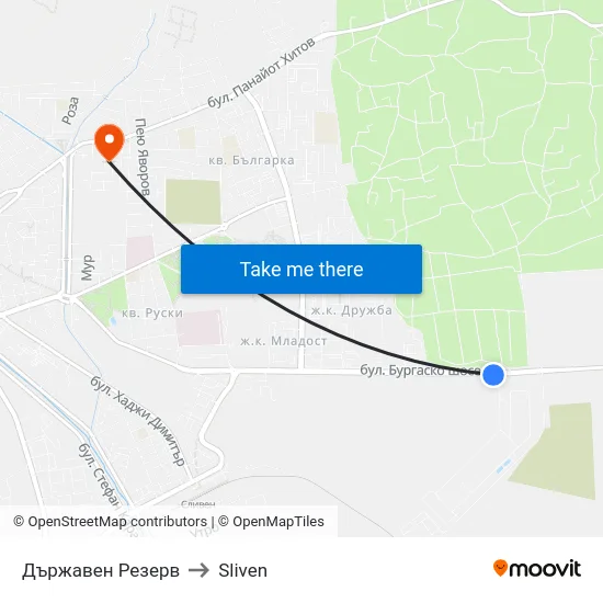 Държавен Резерв to Sliven map