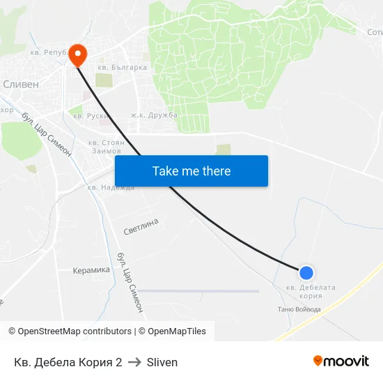 Кв. Дебела Кория 2 to Sliven map