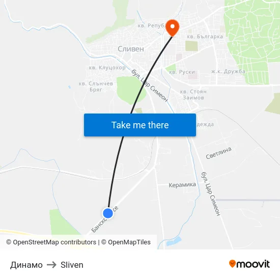 Динамо to Sliven map