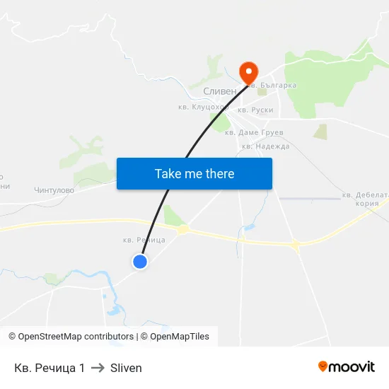 Кв. Речица 1 to Sliven map