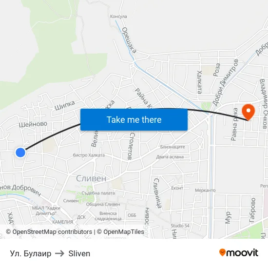 Ул. Булаир to Sliven map