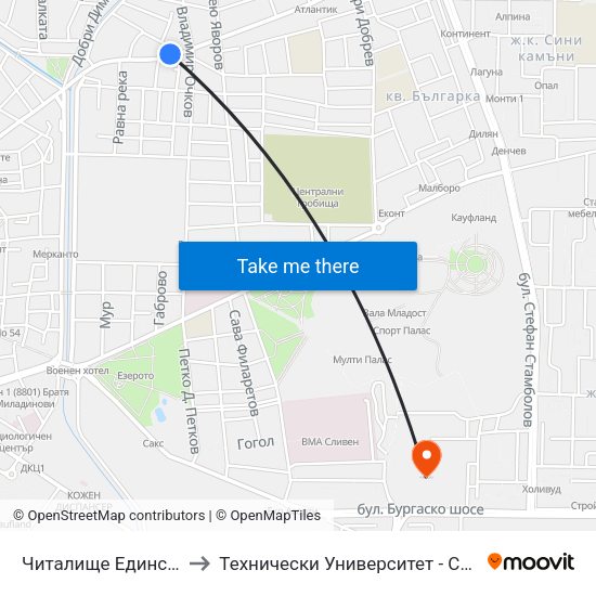 Читалище Единство to Технически Университет - София map