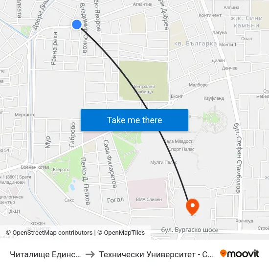 Читалище Единство to Технически Университет - София map