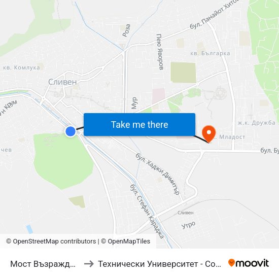 Мост Възраждане to Технически Университет - София map