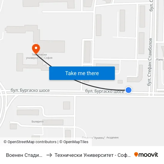 Военен Стадион to Технически Университет - София map