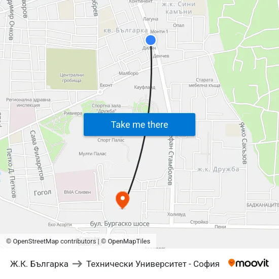 Ж.К. Българка to Технически Университет - София map