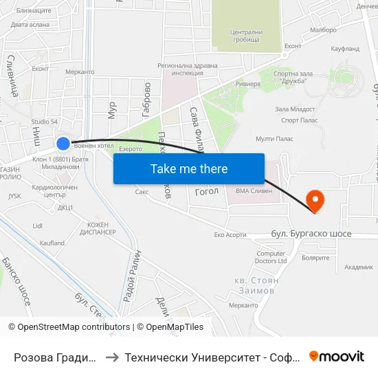 Розова Градина to Технически Университет - София map