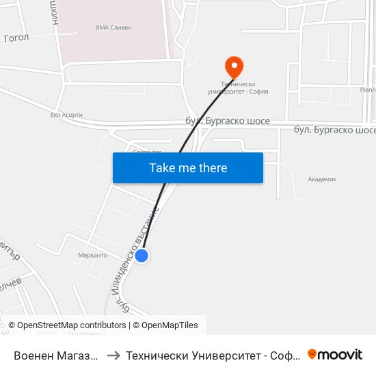Военен Магазин to Технически Университет - София map