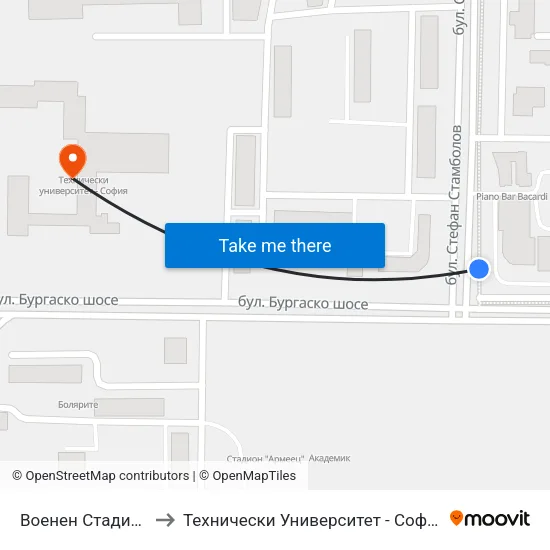 Военен Стадион to Технически Университет - София map