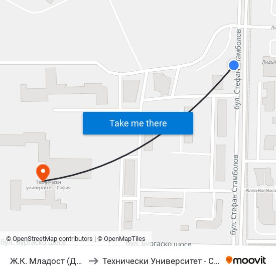 Ж.К. Младост (Дъга) to Технически Университет - София map