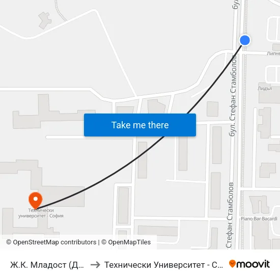 Ж.К. Младост (Дъга) to Технически Университет - София map