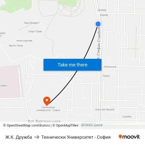 Ж.К. Дружба to Технически Университет - София map