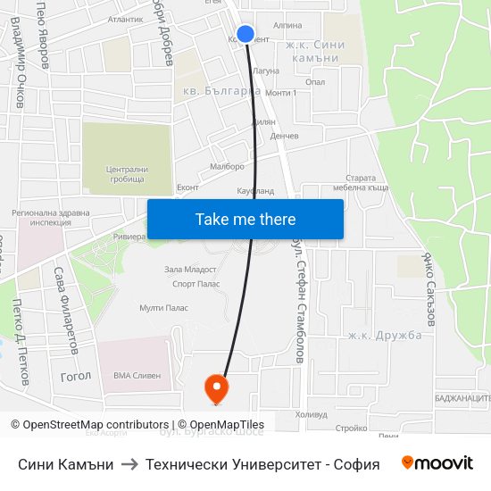Сини Камъни to Технически Университет - София map