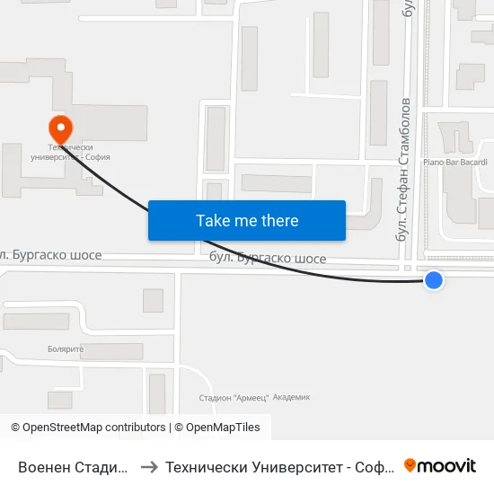 Военен Стадион to Технически Университет - София map