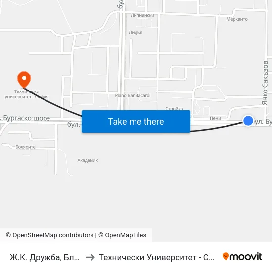 Ж.К. Дружба, Бл. 36 to Технически Университет - София map
