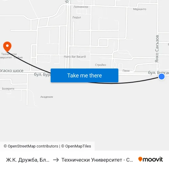 Ж.К. Дружба, Бл. 36 to Технически Университет - София map