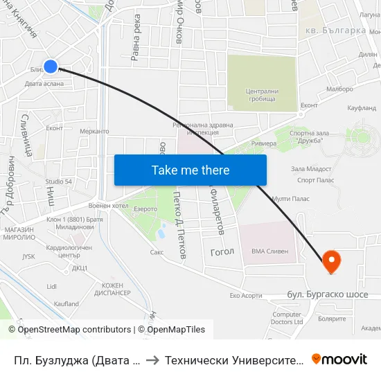 Пл. Бузлуджа (Двата Аслана) to Технически Университет - София map