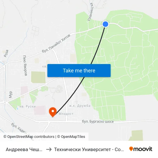 Андреева Чешма to Технически Университет - София map