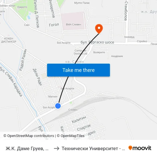 Ж.К. Даме Груев, Бл. 11 to Технически Университет - София map
