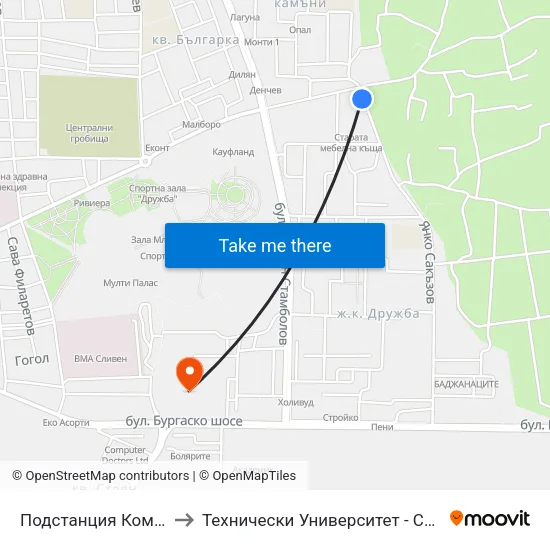 Подстанция Комуна to Технически Университет - София map