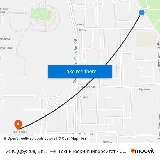 Ж.К. Дружба, Бл. 39 to Технически Университет - София map