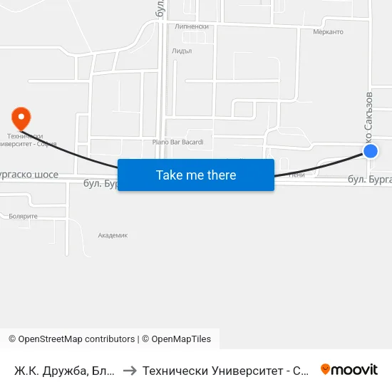 Ж.К. Дружба, Бл. 36 to Технически Университет - София map