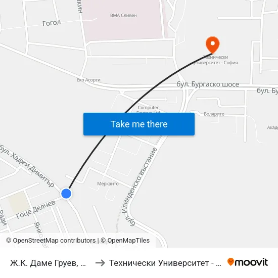 Ж.К. Даме Груев, Бл. 17 to Технически Университет - София map
