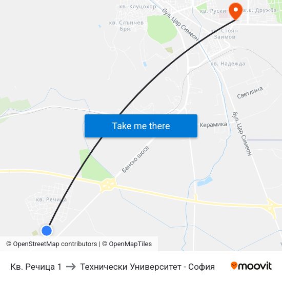 Кв. Речица 1 to Технически Университет - София map