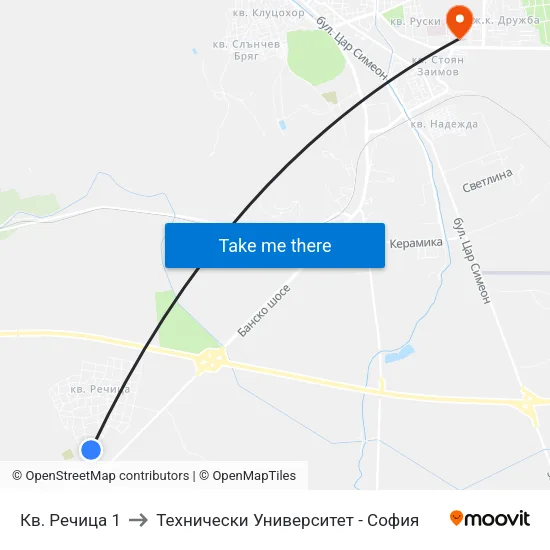 Кв. Речица 1 to Технически Университет - София map