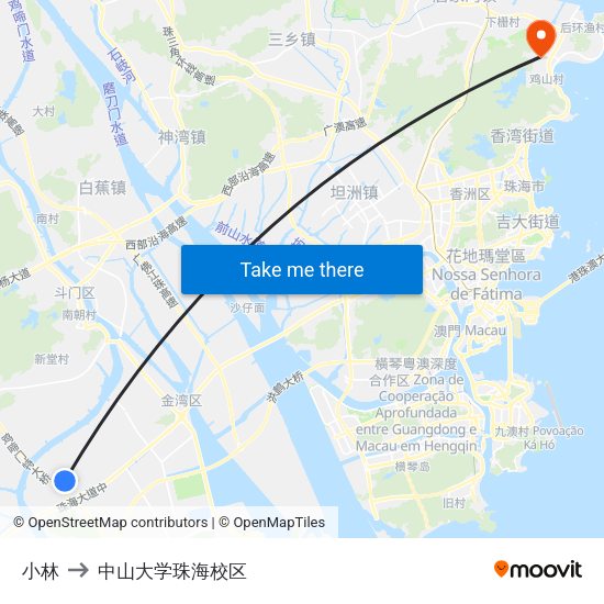 小林 to 中山大学珠海校区 map