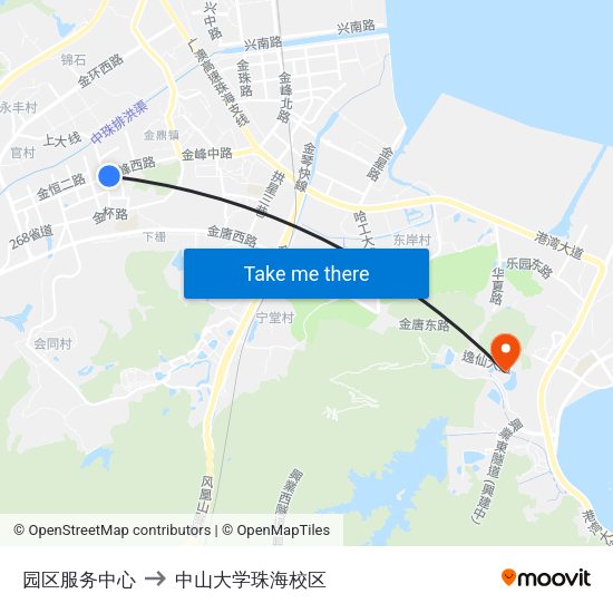 园区服务中心 to 中山大学珠海校区 map