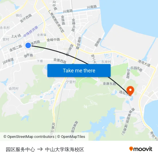 园区服务中心 to 中山大学珠海校区 map