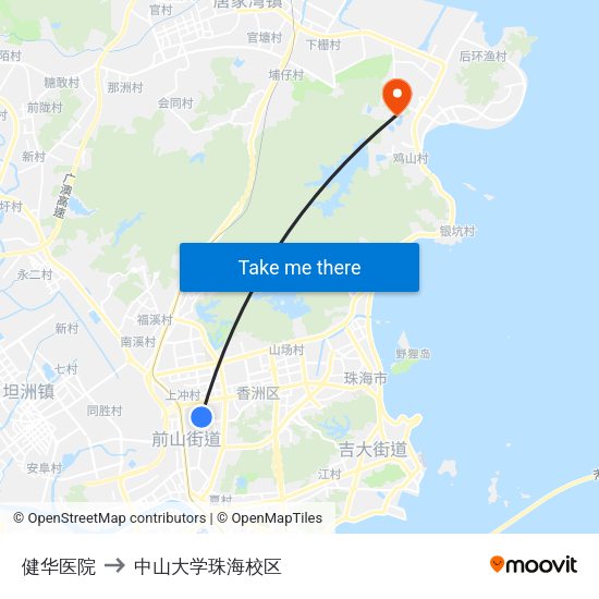 健华医院 to 中山大学珠海校区 map