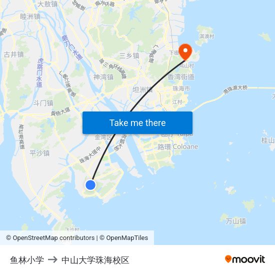 鱼林小学 to 中山大学珠海校区 map