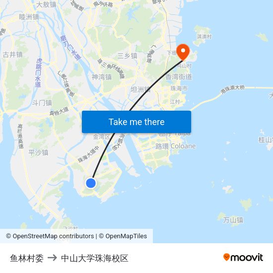 鱼林村委 to 中山大学珠海校区 map