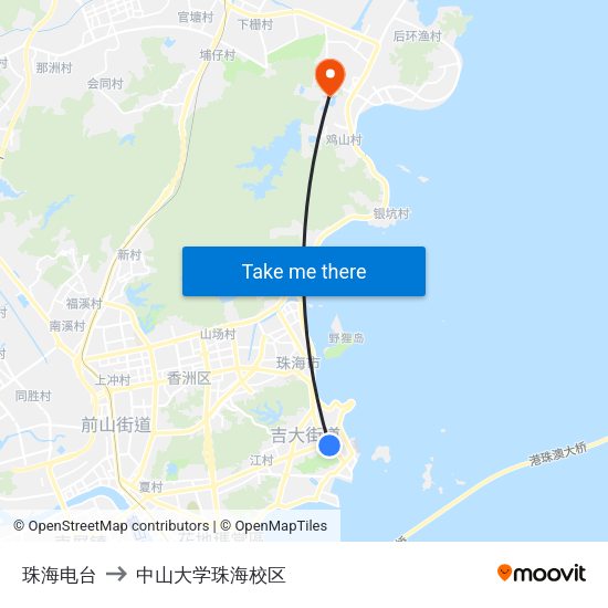 珠海电台 to 中山大学珠海校区 map
