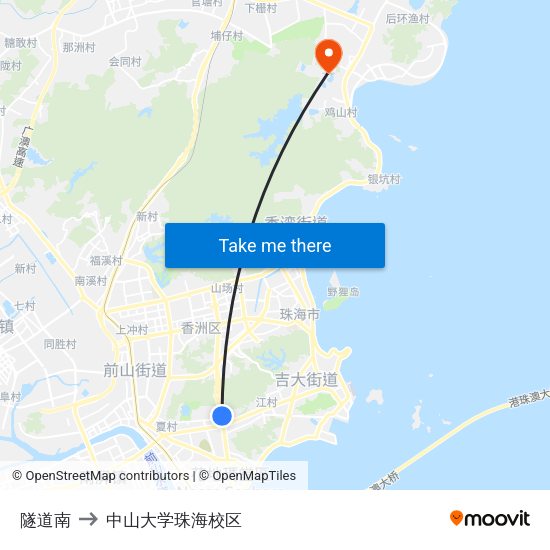 隧道南 to 中山大学珠海校区 map