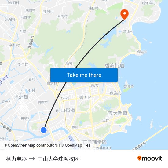格力电器 to 中山大学珠海校区 map