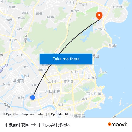 中澳丽珠花园 to 中山大学珠海校区 map