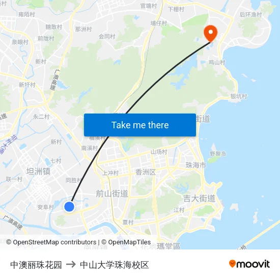 中澳丽珠花园 to 中山大学珠海校区 map
