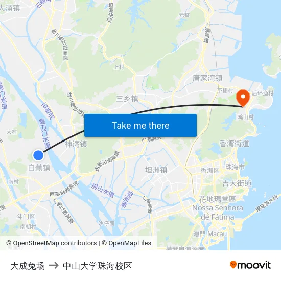 大成兔场 to 中山大学珠海校区 map