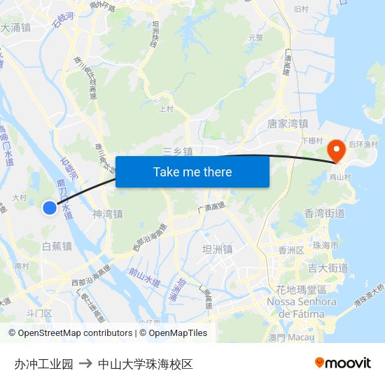 办冲工业园 to 中山大学珠海校区 map