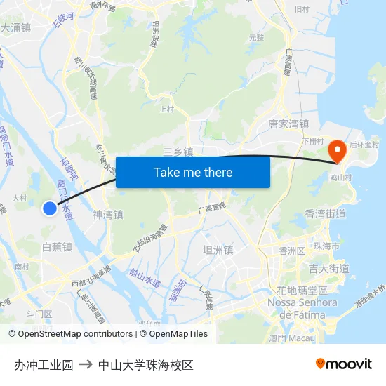 办冲工业园 to 中山大学珠海校区 map